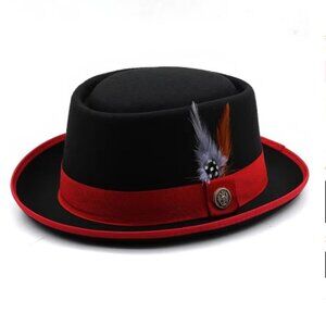 Fashion Women Wool Flat Fedora Hat Gambler Panama Trilby Hat With Feather 58CM